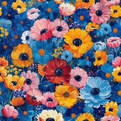 A seamless pattern of colorful flowers of different sizes on a blue background.