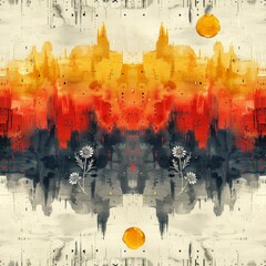 A watercolor painting of a cityscape at sunset with a repeating pattern.