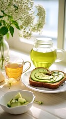 A heartshaped arrangement of sliced avocado on a plate, symbolizing heart health, with a side of whole grain toast and green tea in a lightfilled, airy kitchen setting