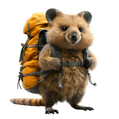 A 3D animated cartoon render of an energetic quokka seeking help for a stranded backpacker.