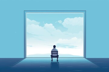 lonely man sit in front of big window illustration