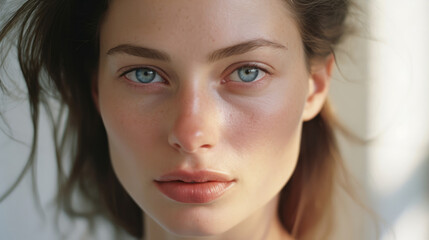 Naklejka premium Portrait of a young woman of Slavic appearance, clean skin with freckles without makeup, dreamy mood