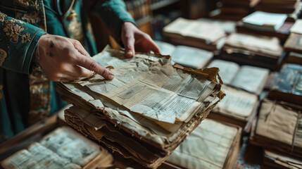 Historians examining old documents, manuscripts, or artifacts in archives or museums, uncovering hidden stories and insights from the past. - obrazy, fototapety, plakaty