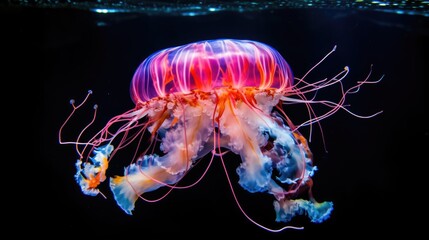 Colorful jellyfish floating in blue water with a soft-focus background.