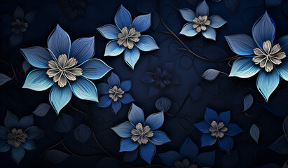 Deep indigo and silver blossoms intricately placed within triangular shapes for a mesmerizing seamless design.