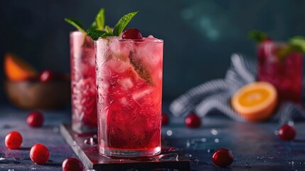 Chilled cocktail with strawberries and cherries in a tall glass. Bar and summer drinks concept - obrazy, fototapety, plakaty