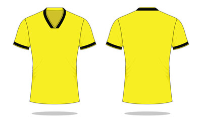 Yellow-black short-sleeve football jersey design on a white background. Front and back views, vector file.