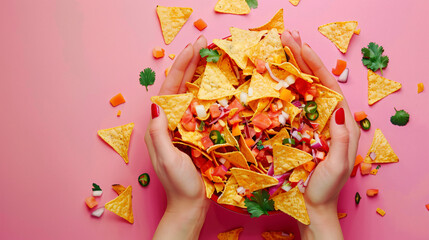 Female hands holding nachos on pink background