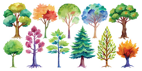  Set of green trees watercolor painting hand drawing illustration, watercolor tree, watercolor painting.