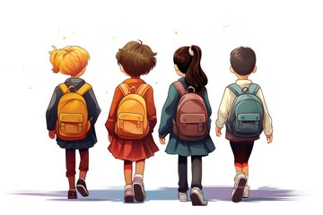 children with backpacks go to school illustration