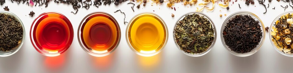 An array of tea leaves and flowers on a white surface. Includes green, black, oolong leaves with...