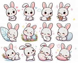 Obraz premium collection of cute cartoon rabbits with Easter baskets and eggs