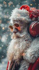 Cool Santa Claus wearing sunglasses and headphones, enjoying music.