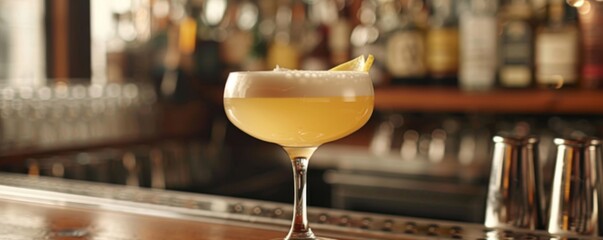 A photo of a yellow cocktail in a coupe glass with a lemon twist. - obrazy, fototapety, plakaty
