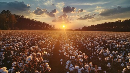 Vast cotton fields ready for harvesting under the clear sky. - obrazy, fototapety, plakaty