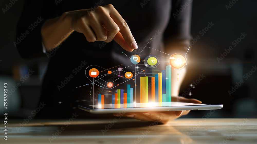 Poster digital online marketing businessman using tablet and analyzing sales growth data graph on modern in