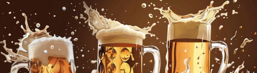 Three glasses of beer with a splash, on a brown background - obrazy, fototapety, plakaty