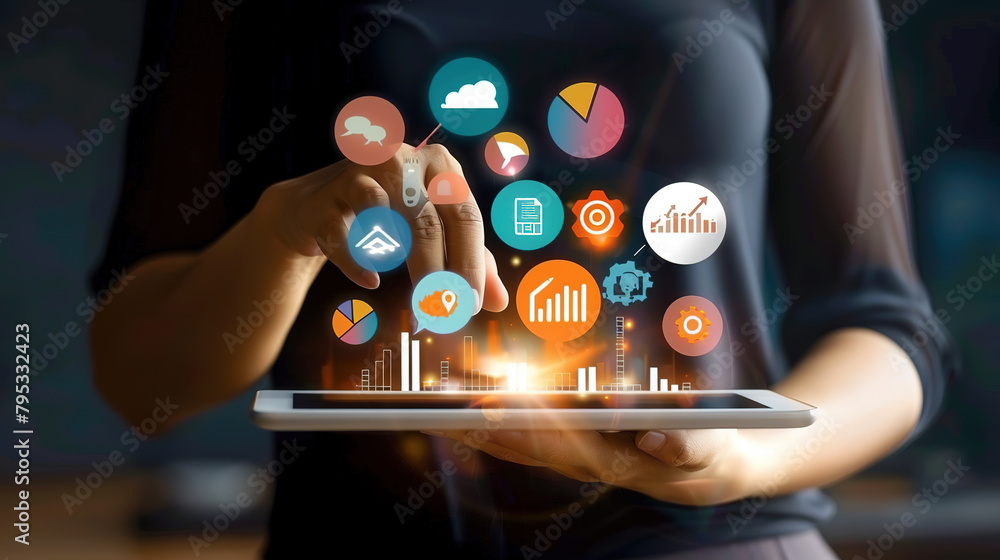 Poster digital online marketing businessman using tablet and analyzing sales growth data graph on modern in