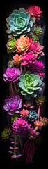 A vertical garden of colorful succulents with raindrops on the leaves.