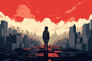 lonely child in big city illustration