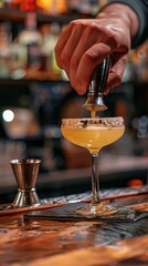 Fototapeta na wymiar bartender carefully pouring a measured shot of liquor into a cocktail glass