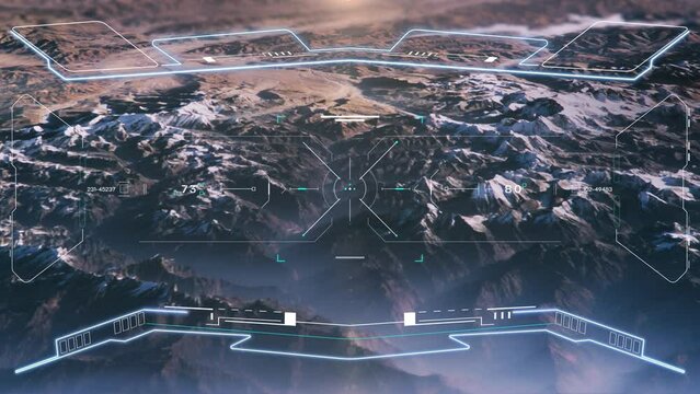 HUD aerial view science fiction landscape flying over mountain with UI scanning interface military weapon concept 4K motion.