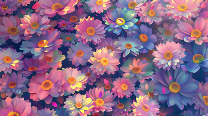 A high-definition image capturing the intricate details of colorful daisies seamlessly blending into a mesmerizing 70s-inspired backdrop.