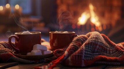Cozy winter scene with snug blankets, crackling fireplace, and steaming mugs of hot cocoa, evoking warmth and comfort. - obrazy, fototapety, plakaty