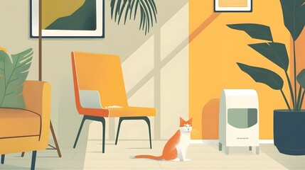 Feline Hygiene Emphasized: A Modern Cat's Comfort in a Stylish Home Interior