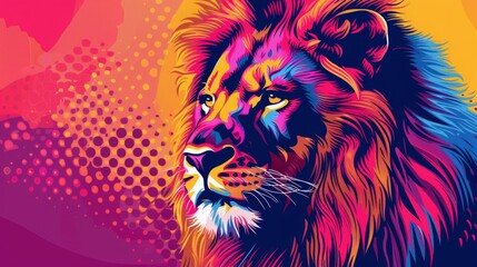 Creative colorful lion king head on pop art style with soft mane and color background