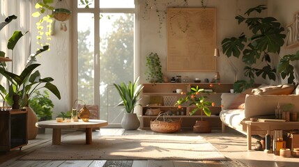 Sustainable Cozy Home Interiors Featuring Recycled Furniture and Thriving Indoor Plants