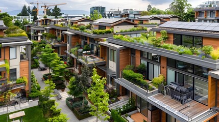 Sustainable Urban Living: High-angle View of a Compact City Neighborhood with Rooftop Gardens and