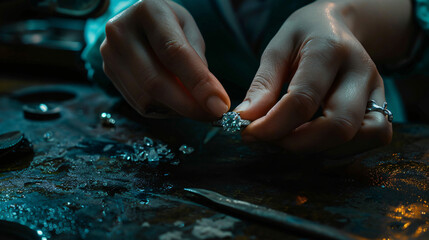 Female jeweler examining ring on dark table closeup - Powered by Adobe