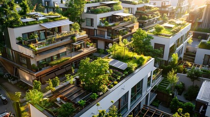 Eco-Friendly Urban Living: A Compact City Neighborhood Boasting Rooftop Gardens and Solar Panels - obrazy, fototapety, plakaty