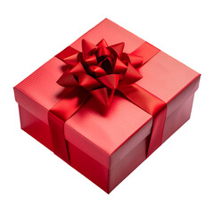 A red gift box with a red bow on top, all isolated on a white background.