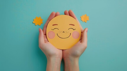 Delicate hands cradle a paper cutout adorned with a joyful cartoon face crafted with minimalist yet...