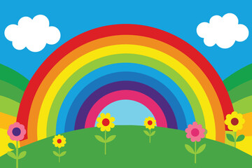 Obraz na płótnie Canvas Colorful bright rainbow background with flowers field vector illustration