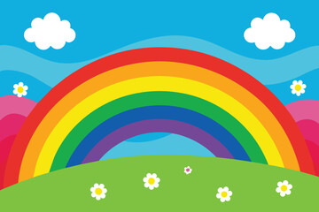 Colorful bright rainbow background with flowers field vector illustration