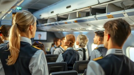 Airline Crew Training Session: Safety and Customer Service Excellence in Simulated Cabin Environment