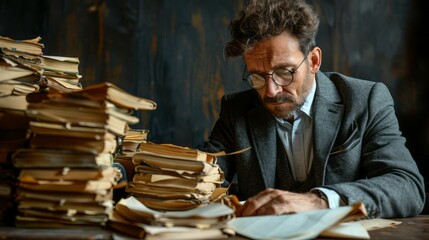 Businessman in Suit and Glasses at Office Desk with Folders and Papers