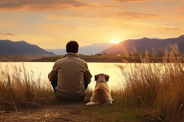 Latino man sitting in the lake side field with his dog landscape mountain outdoors