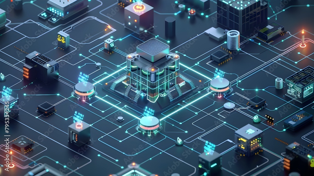 Aufkleber cybersecurity center: real-time network analysis visualized through a complex isometric diagram