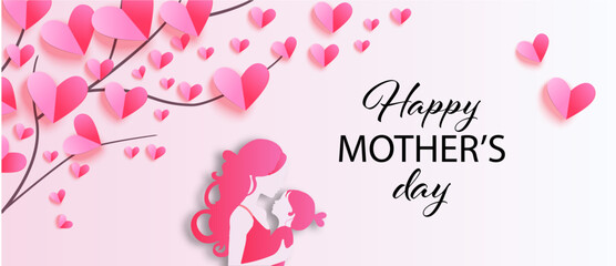 Happy Mother’s day greeting card with paper hearts, mother and daughter silhouettes. Vector - obrazy, fototapety, plakaty