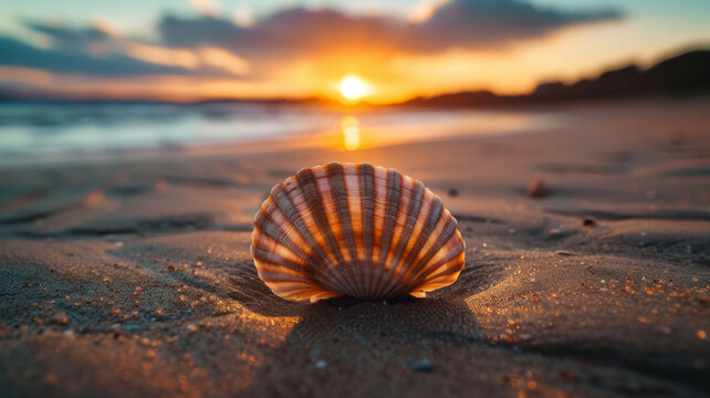 Scallop shell on the sand beach at sunset