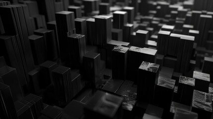 Immerse yourself in the depths of darkness with this abstract landscape. A sea of extruded black blocks, varying in height, creates a mysterious and captivating atmosphere.