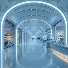 liminal space, white, blue, curved walls, bright lights - obrazy, fototapety, plakaty