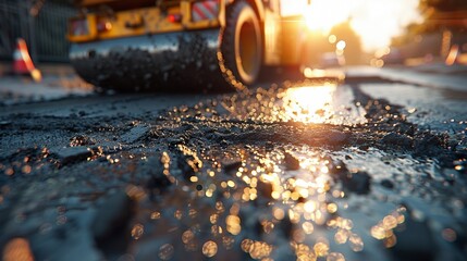 Closeup of road construction with an asphalt, warm light - obrazy, fototapety, plakaty