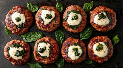 Top view, culinary presentation of turkey burgers packed with spinach and mozzarella, expertly lit in a studio setting, isolated background