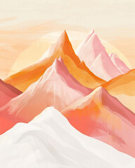 Mountains and sunset, Landscape with mountains. Hand drawn illustration boho style.
