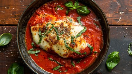 Top view culinary photography of Mozzarella-Stuffed Chicken Parmesan, ideal studio lighting on an isolated background, emphasizes delicious details